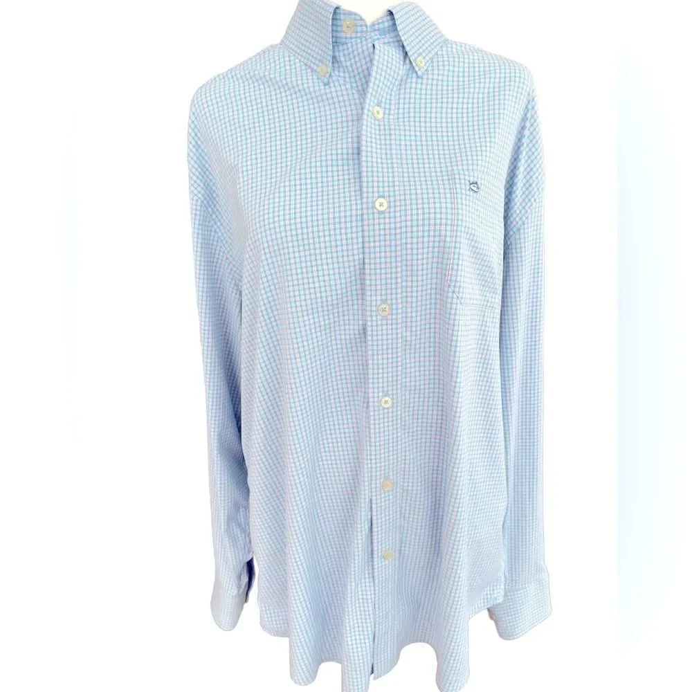 Southern Tide Intercoastal nylon/spandex blue plaid button front shirt size L.